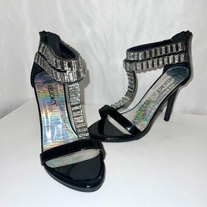 Black Leather Rhinestone Ankle Strap Formal Dress Heels